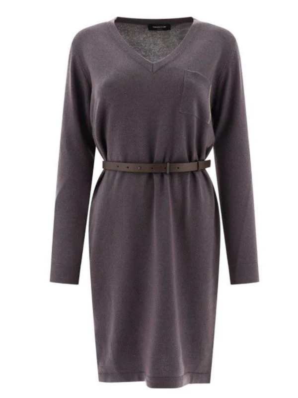 Belt Detail V-neck Midi Dress