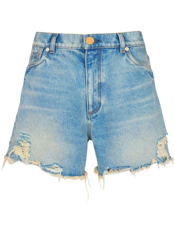 Distressed Cotton Denim Shorts