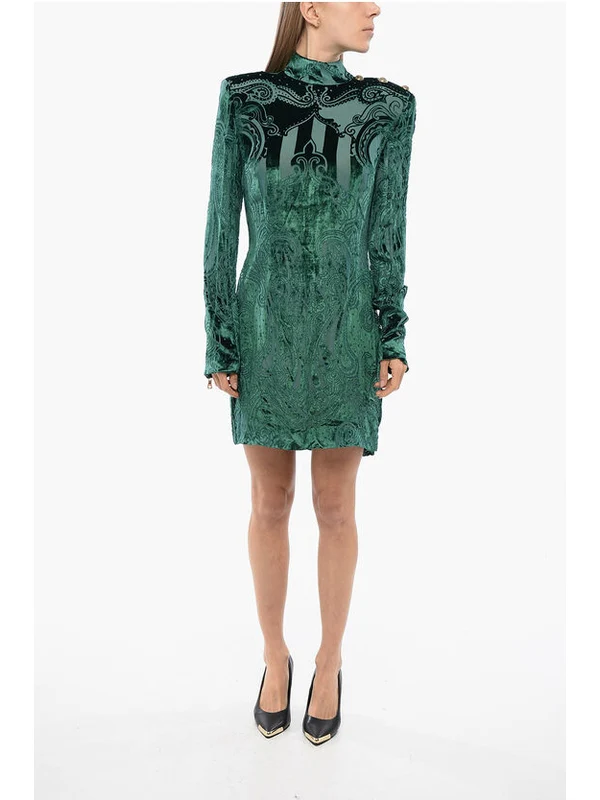 Shoulder Pad Pattern Velvet High-Neck Dress
