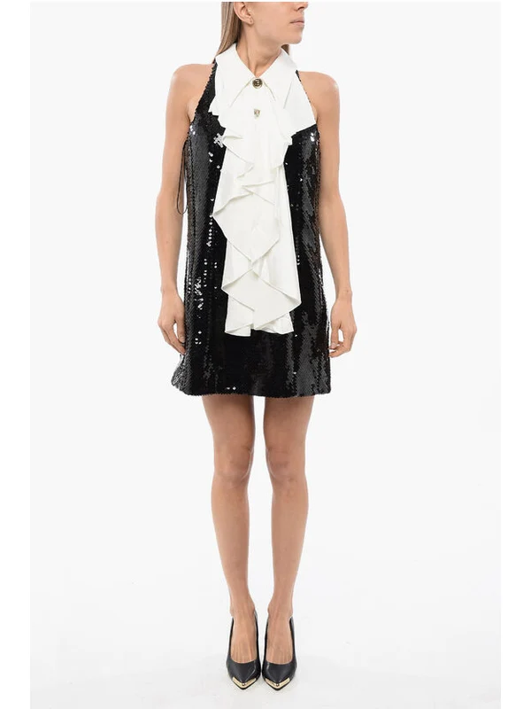 Logo Button Ruffle Collar Sequin Sleeveless Dress
