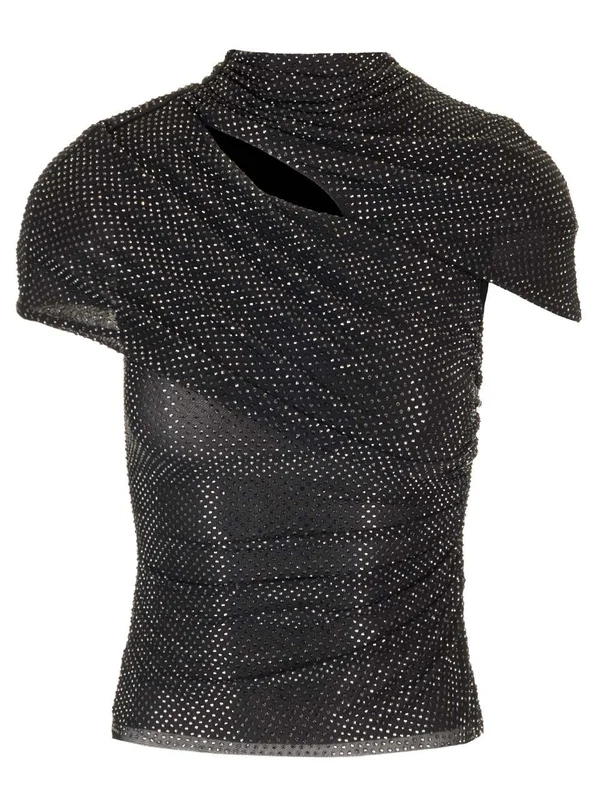 Rhinestone Mesh Cutout Short-sleeve Top