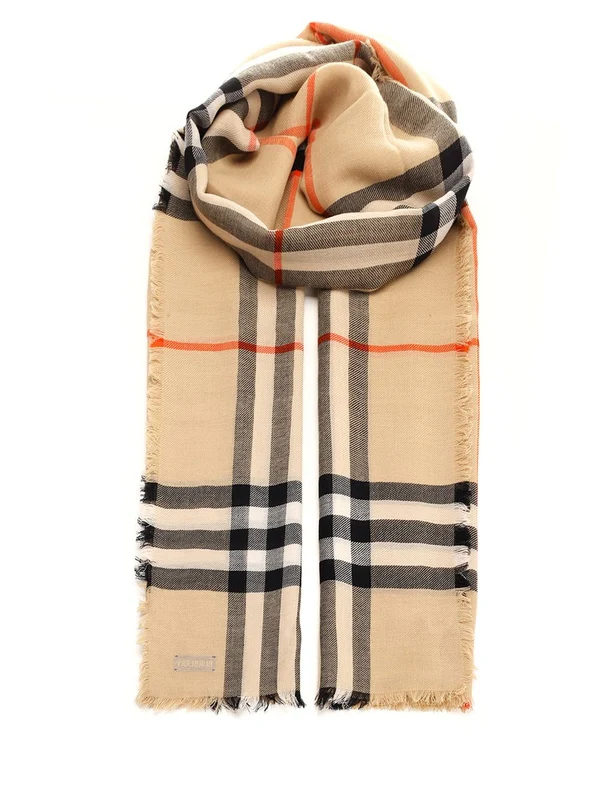 Beige Check Scarf Mu Gc Lightweight Wool