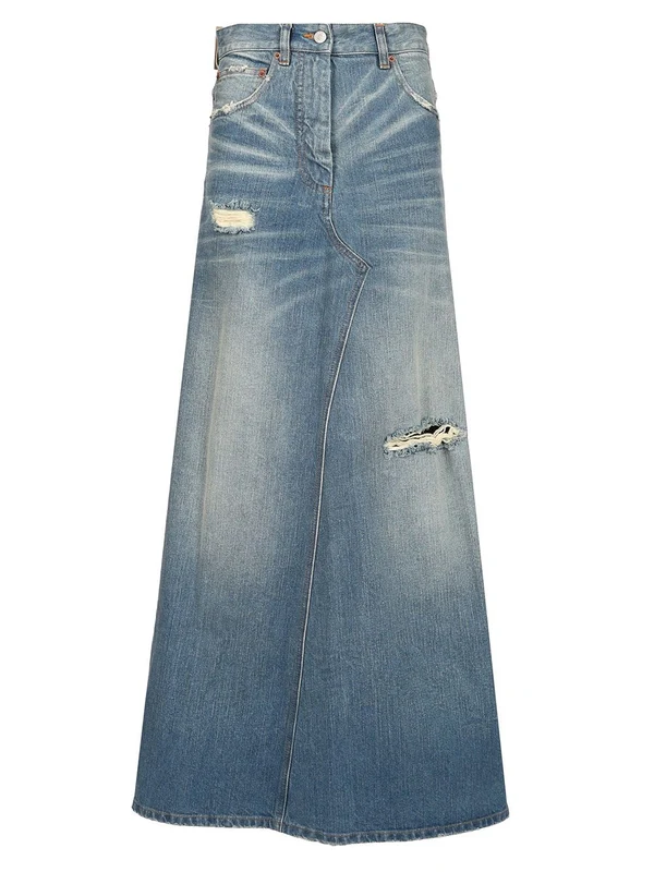 Distressed Stone-Wash Denim Midi Skirt