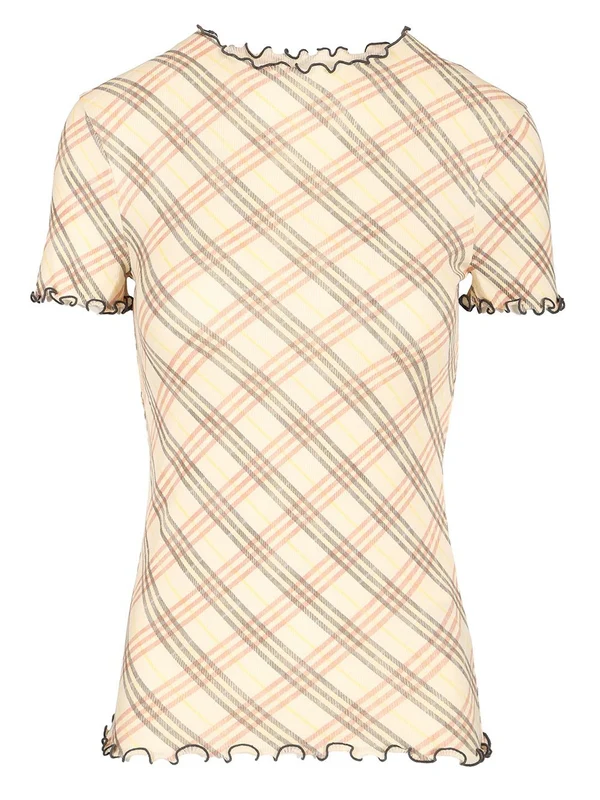 Check Pattern Ruffle Short Sleeve T-Shirt